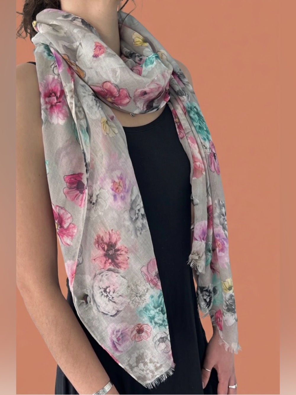 Oversized Scarf • Pastel Floral • Semi-Sheer Lightweight Romantic • Pink  Aqua